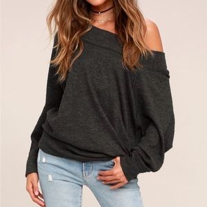 Free People Palisades off the shoulder heathered, dark gray/charcoal thermal top